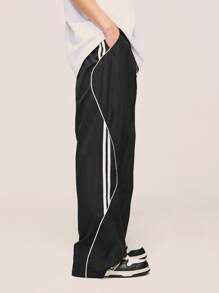 INFLATION 男士撞色滚边抽绳裤脚长裤，秋季 - 黑色 - 查看 3