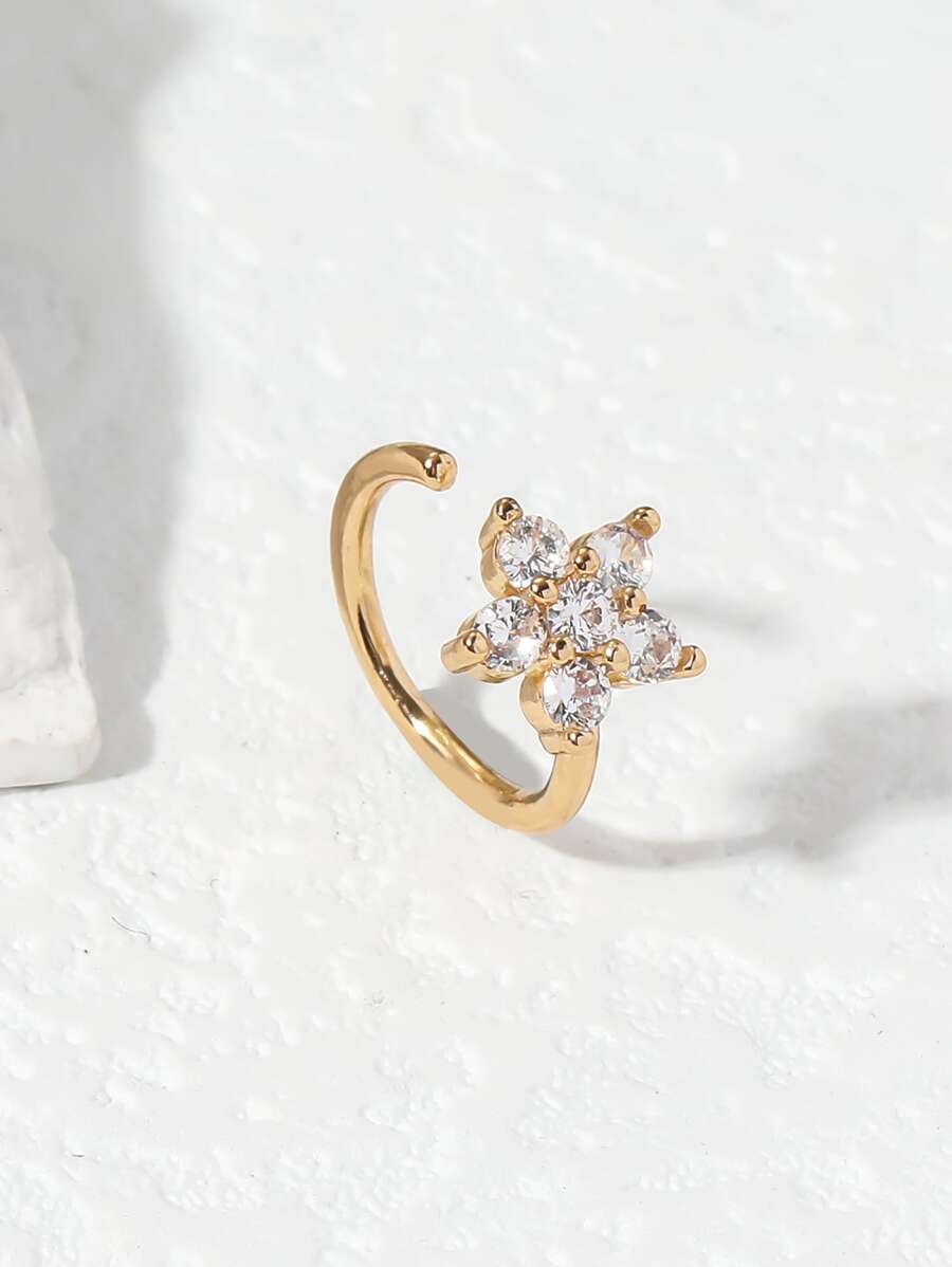 Cubic Zirconia Floral Decor Cuff Nose Ring - Yellow Gold - View 1