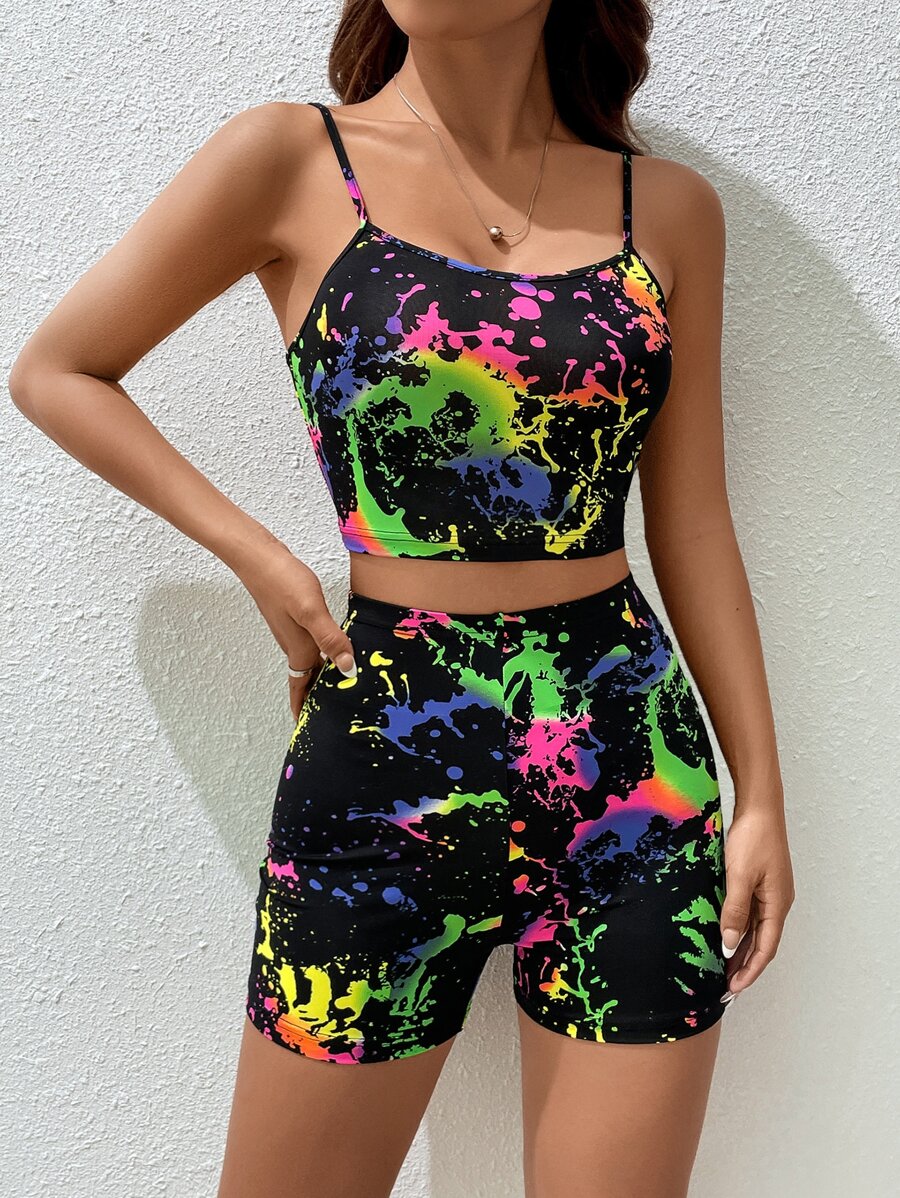 SHEIN EZwear Splash Ink Print Cami Top & Cycling Shorts - Multicolor - View 1