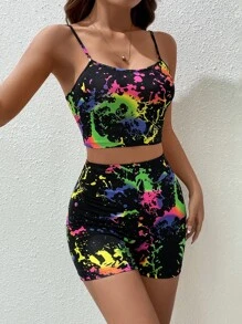 SHEIN EZwear Splash Ink Print Cami Top & Cycling Shorts - Multicolor - View 3