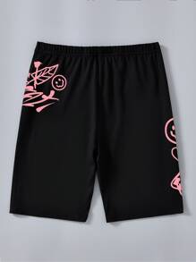 SHEIN 青少年女孩字母圖案彈性腰帶騎行褲 - 黑色 - 查看 2
