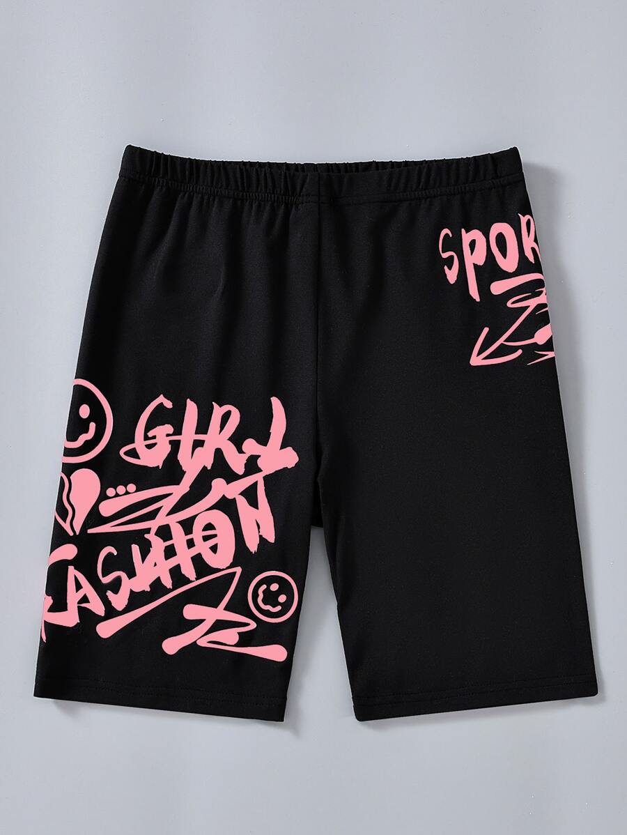SHEIN 青少年女孩字母圖案彈性腰帶騎行褲 - 黑色 - 查看 1