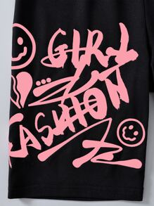 SHEIN 青少年女孩字母圖案彈性腰帶騎行褲 - 黑色 - 查看 3