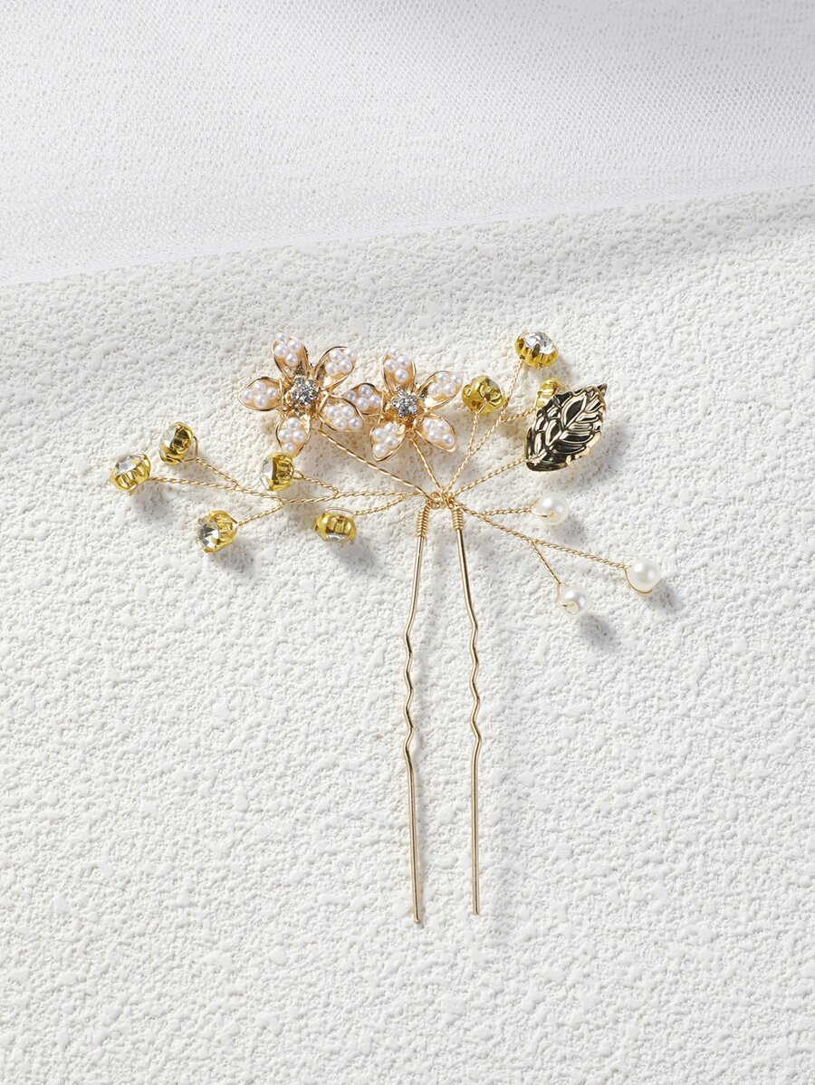 1入組女士花和人造珍珠裝飾魅力四射婚禮髮夾適用於婚禮派對 - 金色 - 查看 1