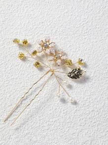 1入組女士花和人造珍珠裝飾魅力四射婚禮髮夾適用於婚禮派對 - 金色 - 查看 3