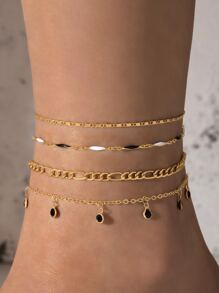 4入組歐美風格時尚中空蝴蝶流蘇鑲鉆腳鏈套裝，是約會的理想禮物（手工鏈的珠子數量因尺寸而異，顏色可能因批次差異而有所不同） - 金黃色 - 查看 7