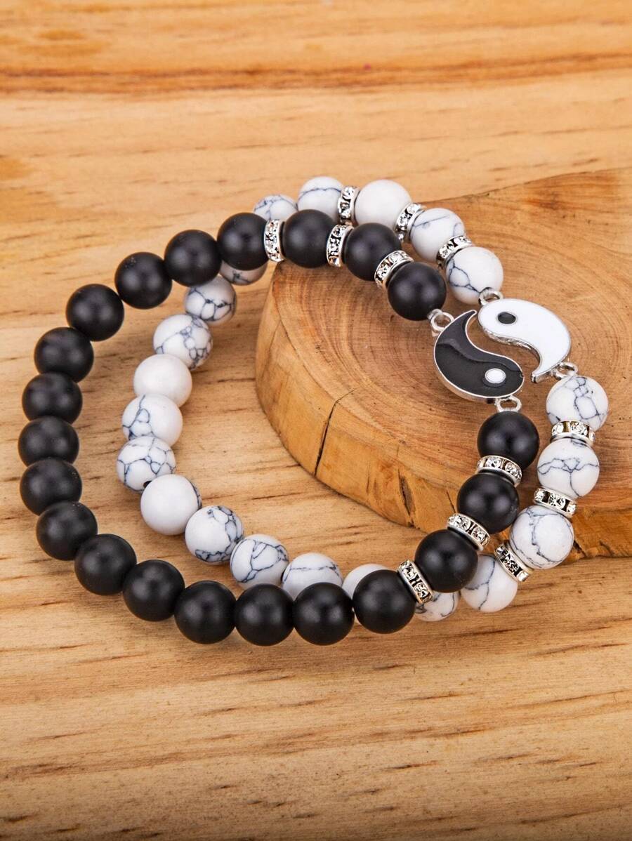 2 piezas Pulsera con cuenta pareja con diseño de Yin y Yang - Blanco y Negro - Ver 1