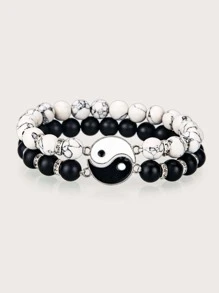 2 piezas Pulsera con cuenta pareja con diseño de Yin y Yang - Blanco y Negro - Ver 2