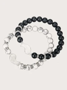2 piezas Pulsera con cuenta pareja con diseño de Yin y Yang - Blanco y Negro - Ver 4
