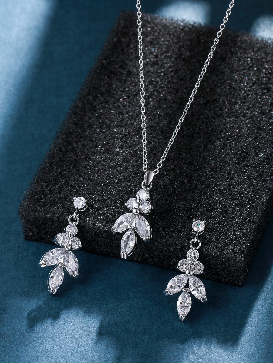 3pcs/set Cubic Zirconia Leaf Decor Jewelry Set - Silver - View 1