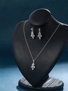 3pcs/set Cubic Zirconia Leaf Decor Jewelry Set - Silver - View 2