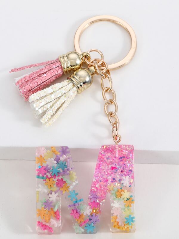 1pc Women Sequin Decor Tassel & Letter Charm Fashionable Keychain For