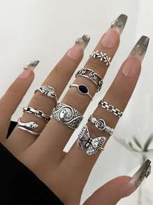 10 piezas Anillo serpiente & con diseño de mariposa - Plata antigua - Ver 1