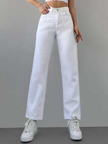 Cottnline Casual Solid Straight Leg Jeans - White - View 1