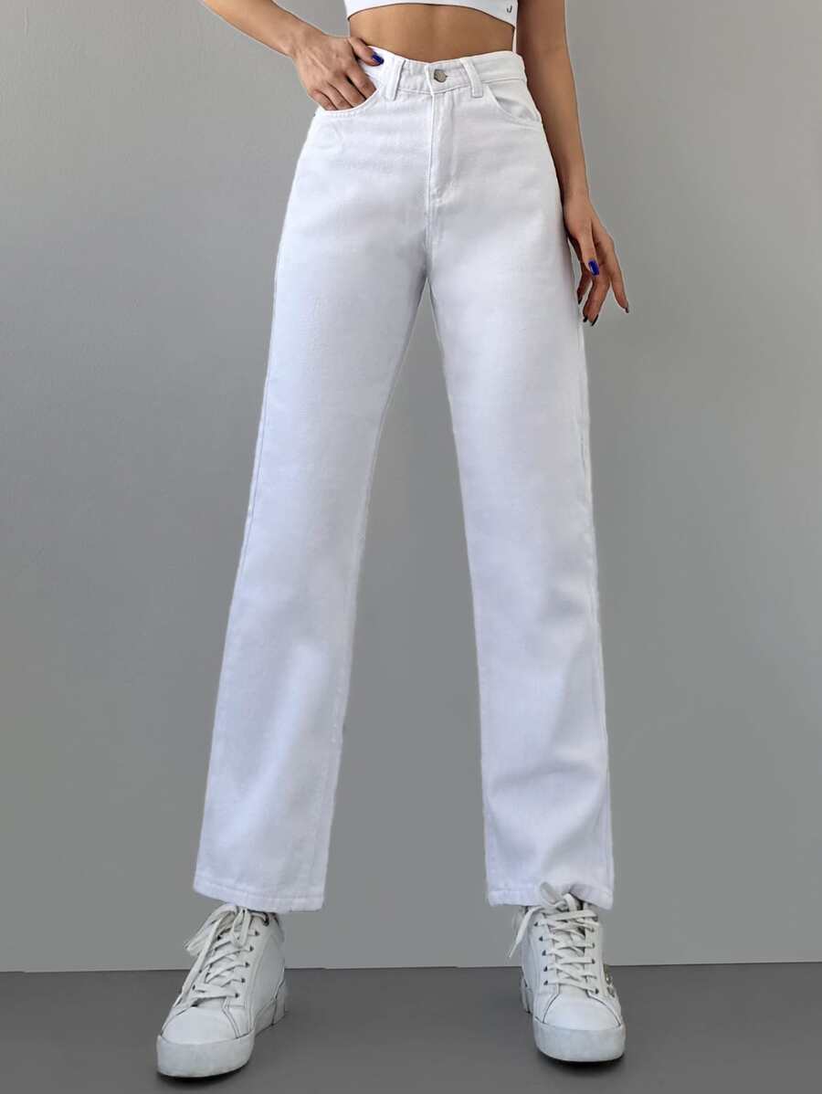 Cottnline Casual Solid Straight Leg Jeans - White - View 1