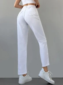 Cottnline Casual Solid Straight Leg Jeans - White - View 2