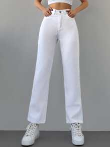 Cottnline Casual Solid Straight Leg Jeans - White - View 3