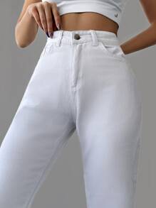 Cottnline Casual Solid Straight Leg Jeans - White - View 4