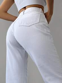 Cottnline Casual Solid Straight Leg Jeans - White - View 5