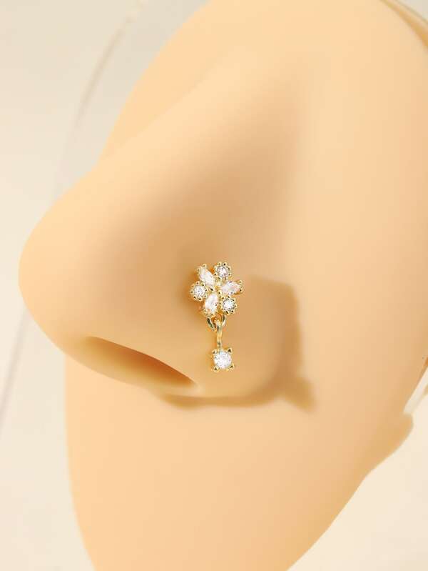 1pc Fashion Stainless Steel Flower Shape 6-Stone Cubic Zirconia Nose Stud/Nose Ring, Gold/Silver Color, Suitable For Daily Wear For Women