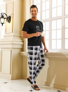 Men Slogan Graphic Sleep Tee & Plaid Print Trousers - Black and White - View 1