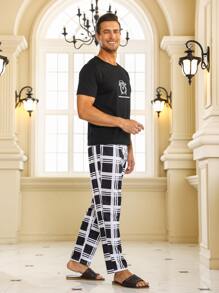 Men Slogan Graphic Sleep Tee & Plaid Print Trousers - Black and White - View 3