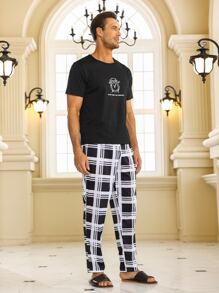 Men Slogan Graphic Sleep Tee & Plaid Print Trousers - Black and White - View 4