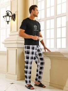 Men Slogan Graphic Sleep Tee & Plaid Print Trousers - Black and White - View 5