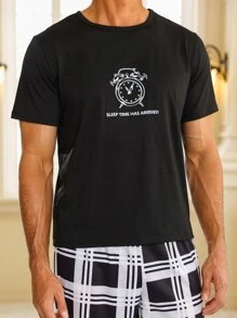 Men Slogan Graphic Sleep Tee & Plaid Print Trousers - Black and White - View 6