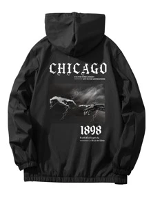 Manfinity EZcore Loose Fit Men's Long Sleeve Slogan Graphic Hooded Outdoor Windbreaker Jacket, Fall - Black - View 1