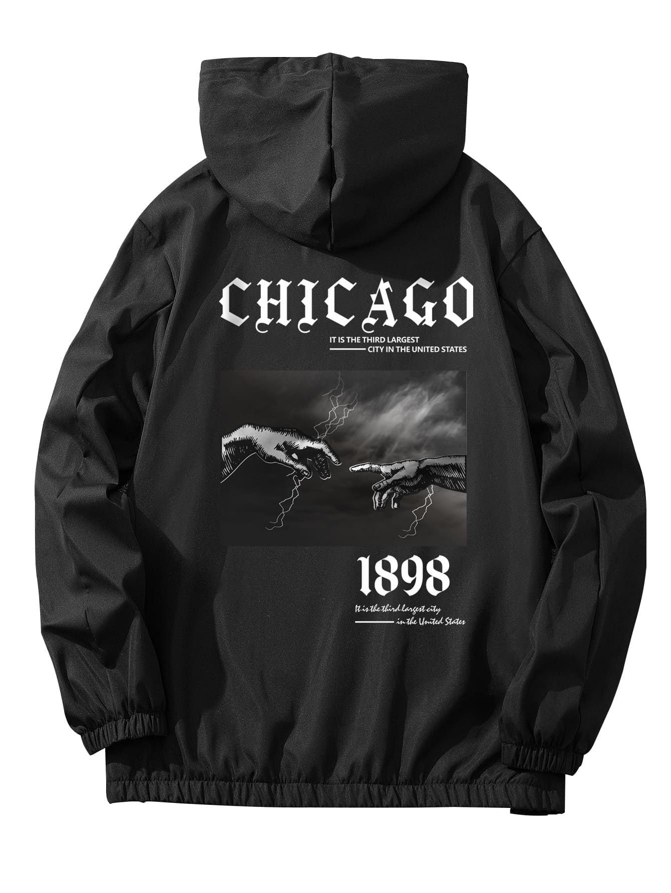 Manfinity EZcore Loose Fit Men's Long Sleeve Slogan Graphic Hooded Outdoor Windbreaker Jacket, Fall - Black - View 1