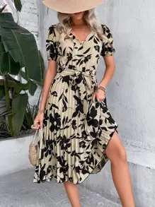 SHEIN LUNE Floral Print Puff Sleeve Pleated Hem Belted Dress - Khaki - View 5