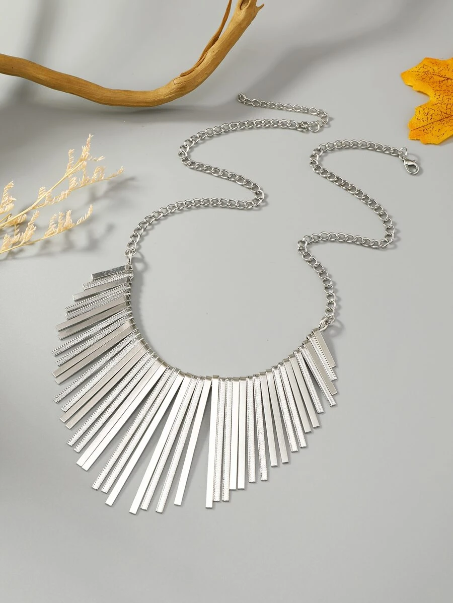 1 件长款花卉印花金属流苏朋克项链，时尚配饰 - 銀色 - 查看 1