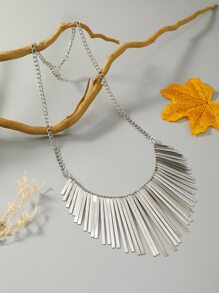 1 件长款花卉印花金属流苏朋克项链，时尚配饰 - 銀色 - 查看 3