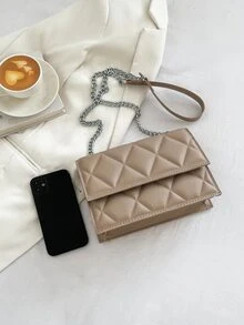 Bolsa cuadrada pequeño guateado con cadena con tira - Caqui - Ver 7