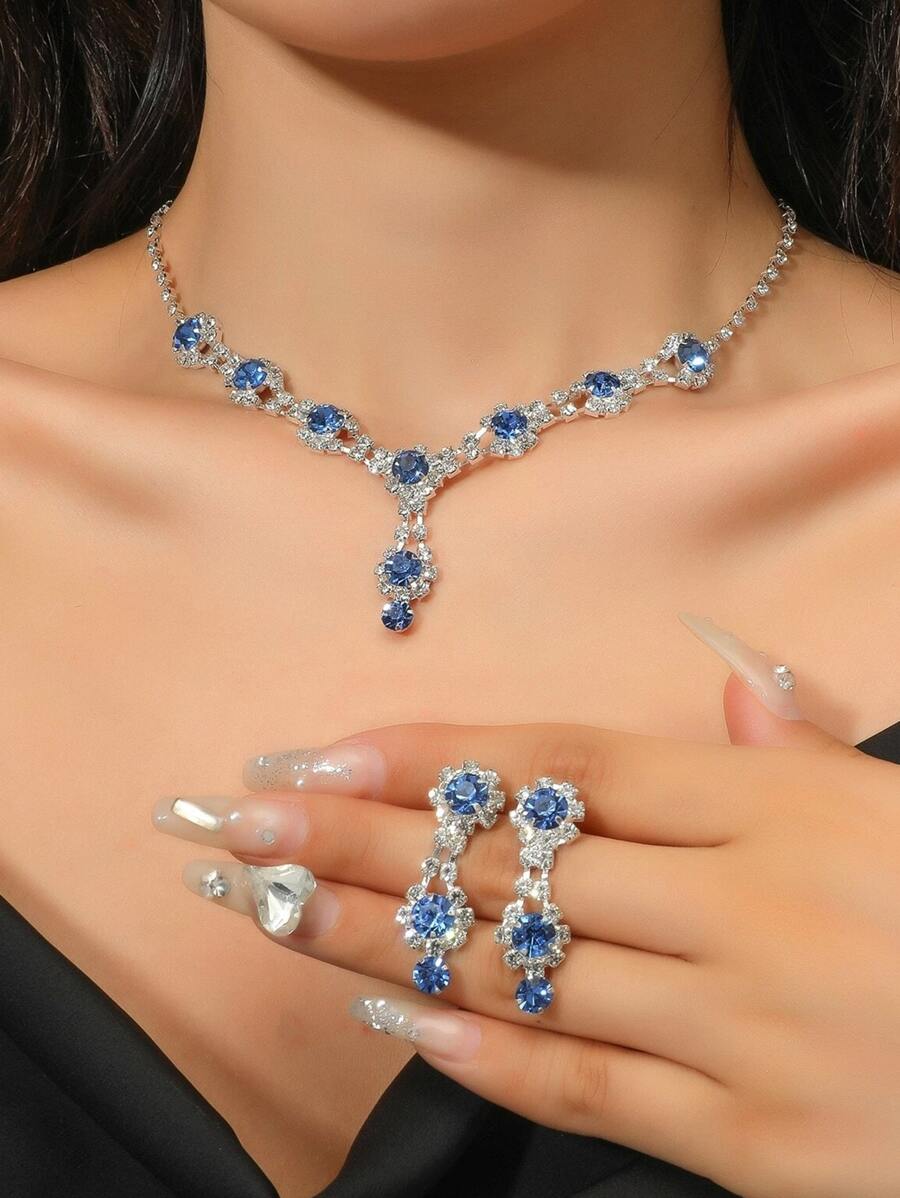 水鑽裝飾耳墜和項鏈適合女士適合派對宴會婚禮 - 霧霾藍 - 查看 1