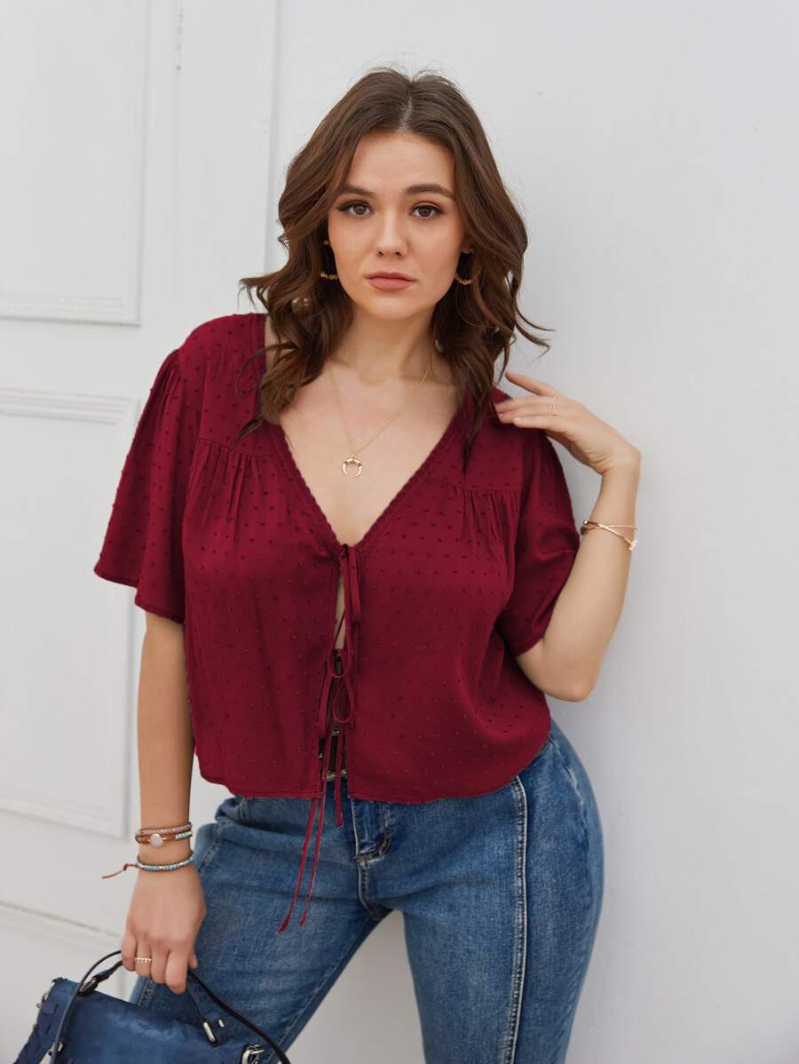 SHEIN LUNE Áo sơ mi Plus Size Thắt nút Thắt nơ trước màu trơn Giải trí - Màu Đỏ Sâu - Xem 1