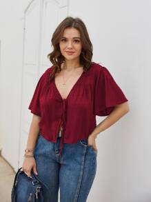 SHEIN LUNE Áo sơ mi Plus Size Thắt nút Thắt nơ trước màu trơn Giải trí - Màu Đỏ Sâu - Xem 3
