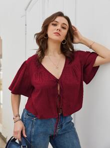SHEIN LUNE Áo sơ mi Plus Size Thắt nút Thắt nơ trước màu trơn Giải trí - Màu Đỏ Sâu - Xem 6