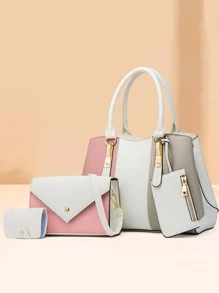CEZIRA 4入組包袋套裝撞色單肩手提包雙提手時尚風格，最佳女士工作包 - 彩色 - 查看 1