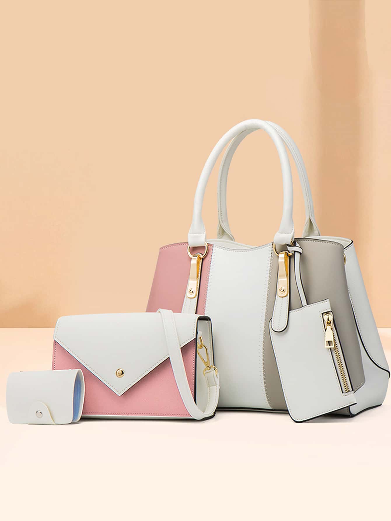 CEZIRA 4入組包袋套裝撞色單肩手提包雙提手時尚風格，最佳女士工作包 - 彩色 - 查看 1