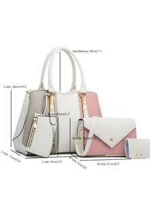 CEZIRA 4入組包袋套裝撞色單肩手提包雙提手時尚風格，最佳女士工作包 - 彩色 - 查看 2