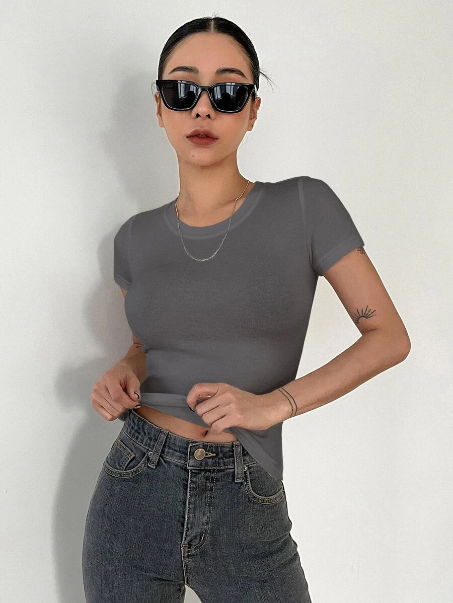 DAZY 實色肋針針織t恤 - 灰色 - 查看 1