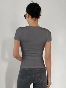 DAZY 實色肋針針織t恤 - 灰色 - 查看 2