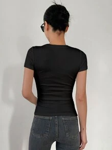 DAZY Solid Round Neck Tee - Black - View 2