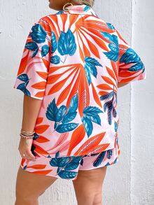 SHEIN Holidaya Plus Tropical Print Blouse & Shorts - Multicolor - View 2