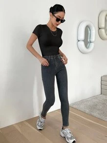 DAZY Solid Round Neck Tee - Black - View 3