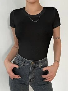 DAZY Solid Round Neck Tee - Black - View 5