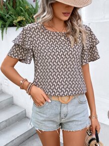 SHEIN VCAY Allover Print Butterfly Sleeve Blouse - Khaki - View 1