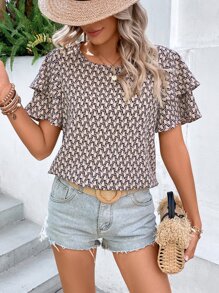 SHEIN VCAY Allover Print Butterfly Sleeve Blouse - Khaki - View 6